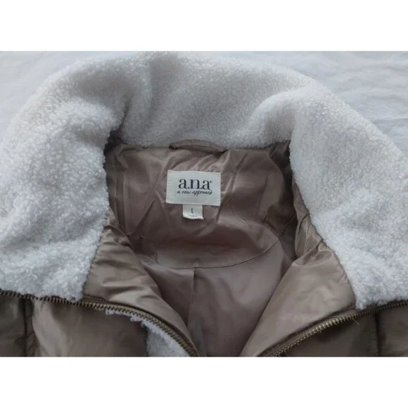 A.N.A Coat Jacket Quilted Puffer Faux Sherpa Trim Womens Size Large - Picture 8 of 15